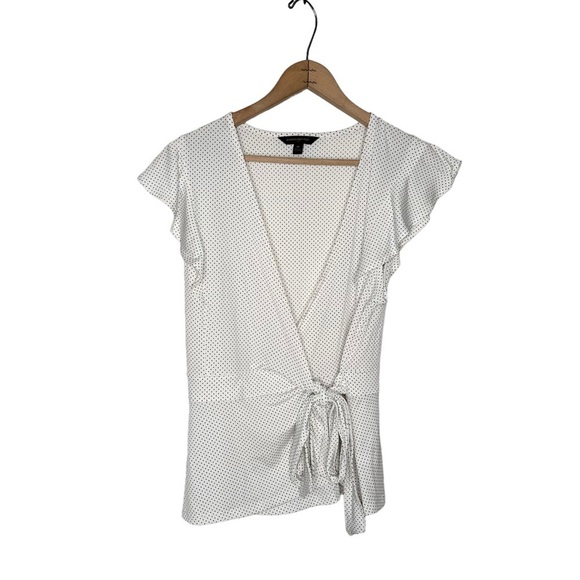Banana Republic | White with Black Polka Dots Short Ruffle Sleeve Wrap Top - Picture 1 of 6
